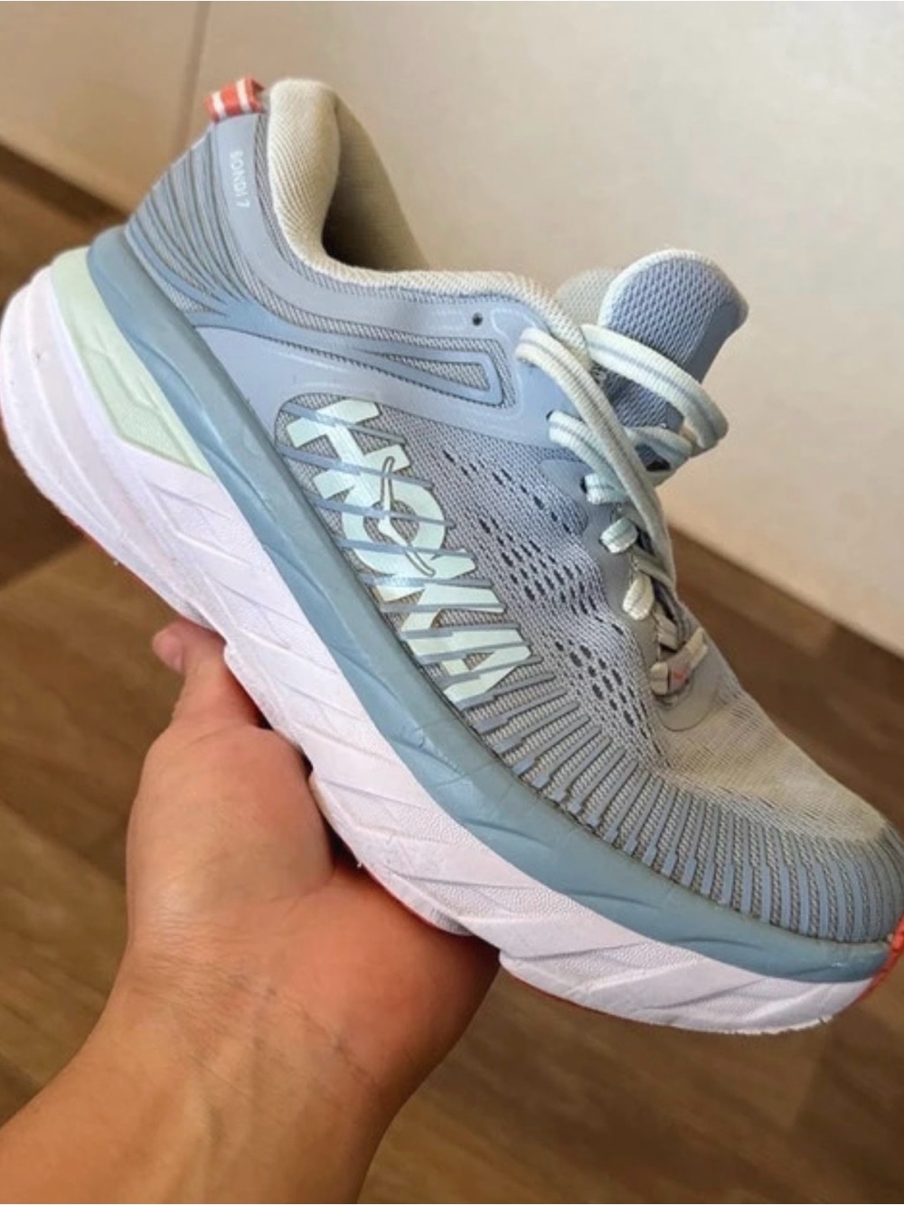 Hoka Bondi 7 in the "Blue Fog" colorway